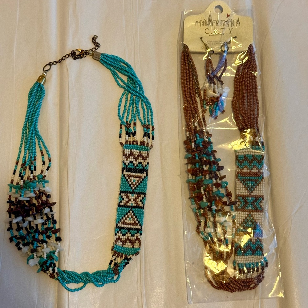 Beaded Necklace Set with Turquoise and Brown Accents